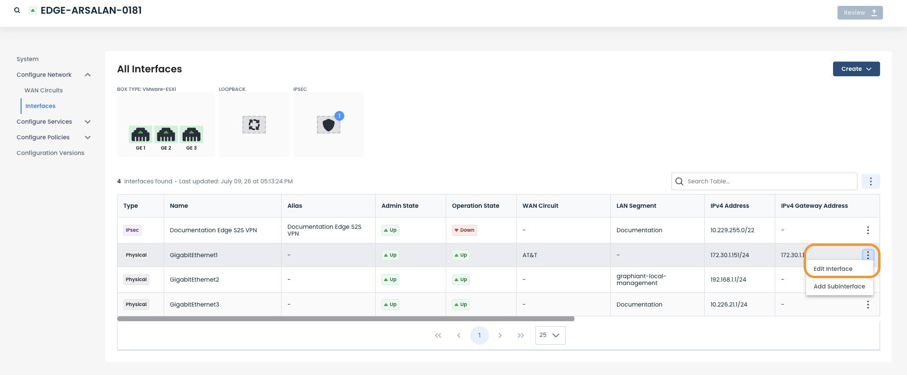 Interface configuration page showing various network settings and operational states.